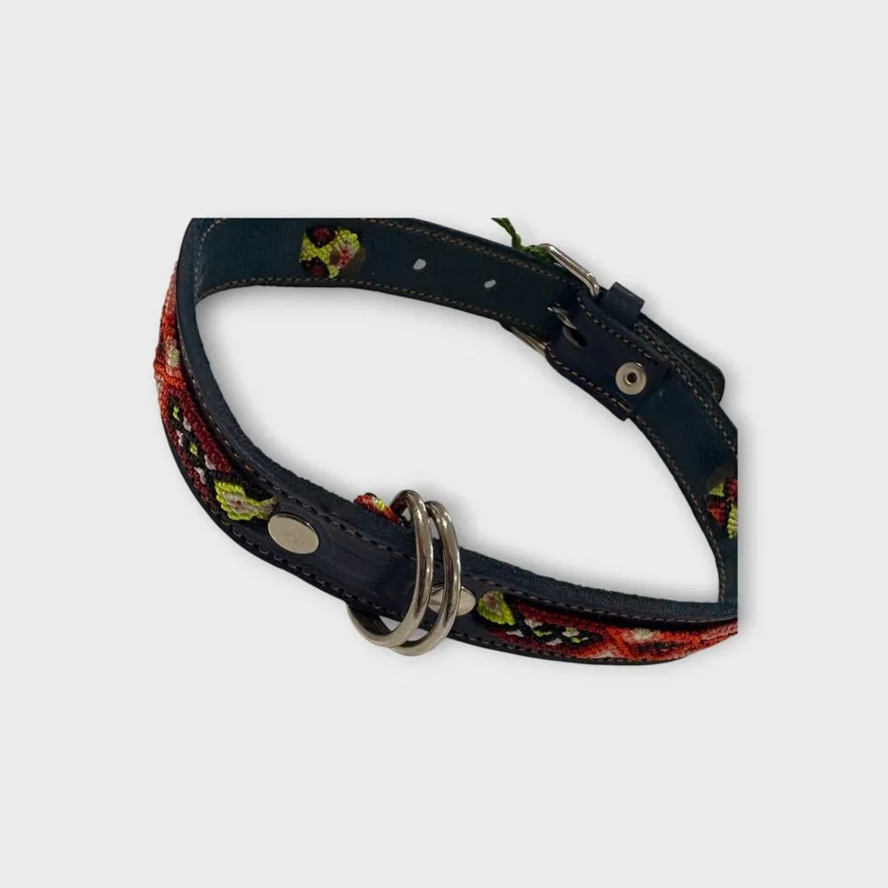 Blue Embroidered Dog Collar with Pink & Orange Accents